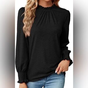Black Frilled Ruffle Neck Lantern Sleeve Smocked Cuff Blouse Size Medium NEW